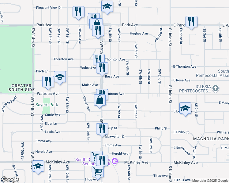 map of restaurants, bars, coffee shops, grocery stores, and more near 715 Watrous Avenue in Des Moines
