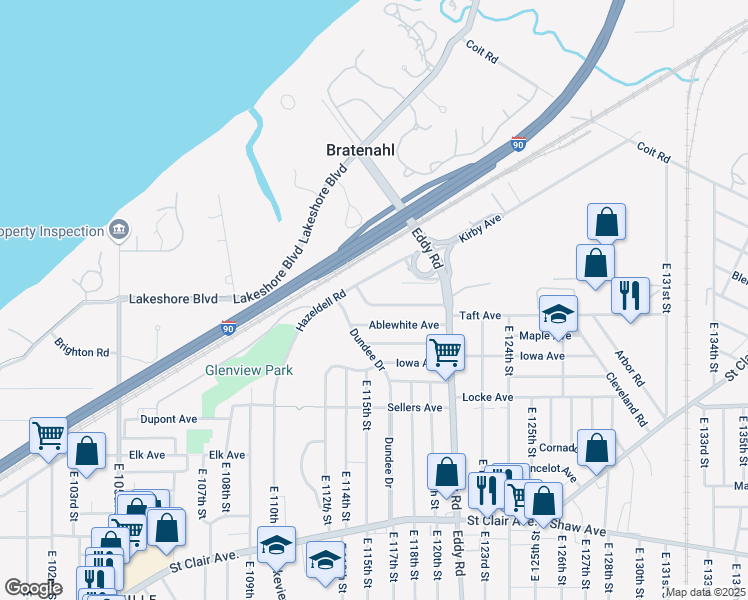 map of restaurants, bars, coffee shops, grocery stores, and more near 11601 Rutland Avenue in Cleveland