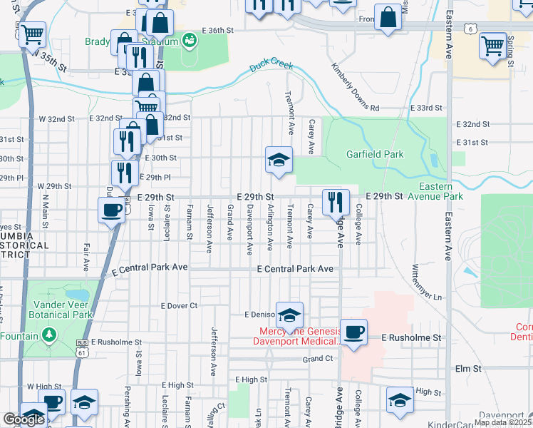 map of restaurants, bars, coffee shops, grocery stores, and more near 2808 Arlington Avenue in Davenport