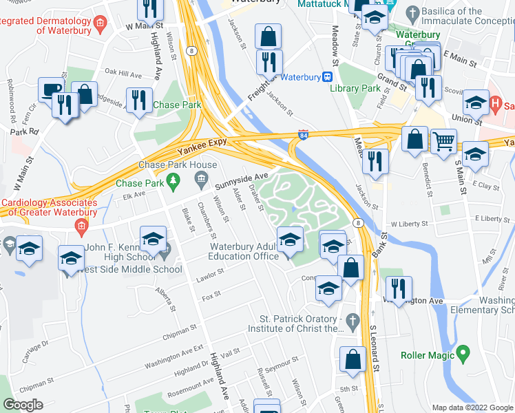 map of restaurants, bars, coffee shops, grocery stores, and more near 121 Draher Street in Waterbury