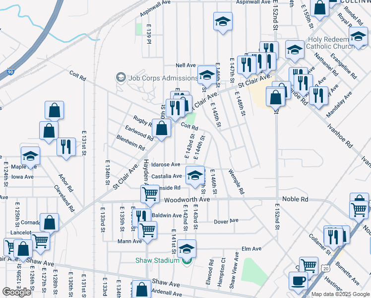 map of restaurants, bars, coffee shops, grocery stores, and more near 1116 East 143rd Street in Cleveland