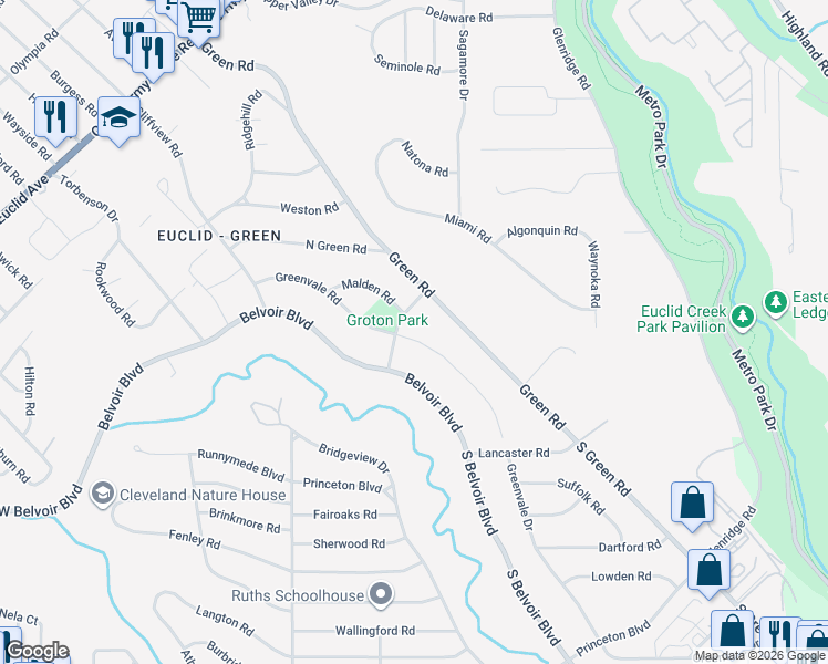 map of restaurants, bars, coffee shops, grocery stores, and more near 2469 Greenvale Road in Cleveland
