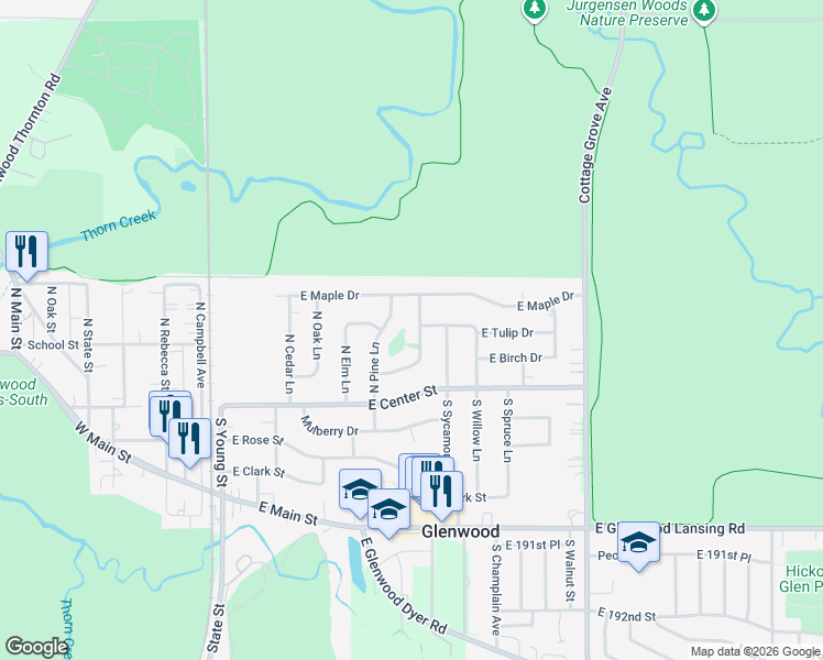 map of restaurants, bars, coffee shops, grocery stores, and more near 121 North Pine Lane in Glenwood