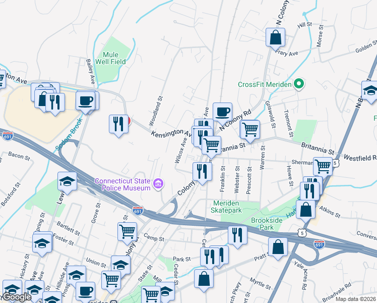 map of restaurants, bars, coffee shops, grocery stores, and more near 15 Colony Place in Meriden