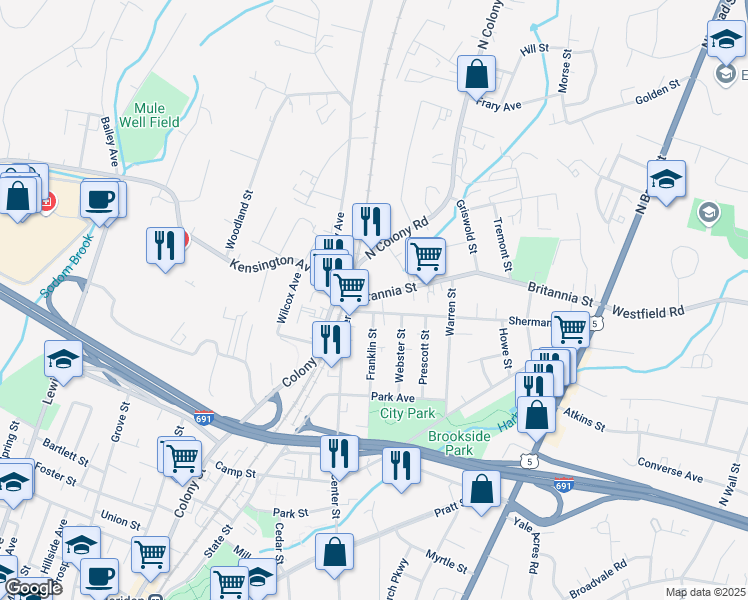 map of restaurants, bars, coffee shops, grocery stores, and more near 41 Britannia Street in Meriden