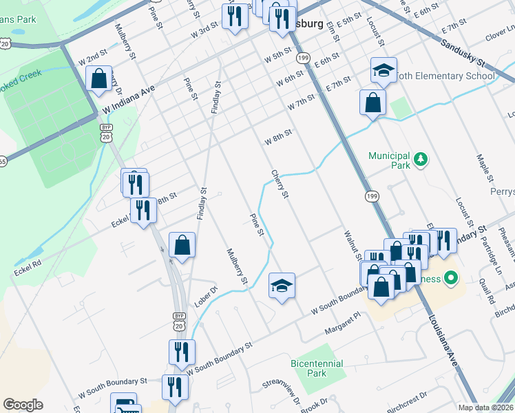 map of restaurants, bars, coffee shops, grocery stores, and more near 875 Pine St in Perrysburg