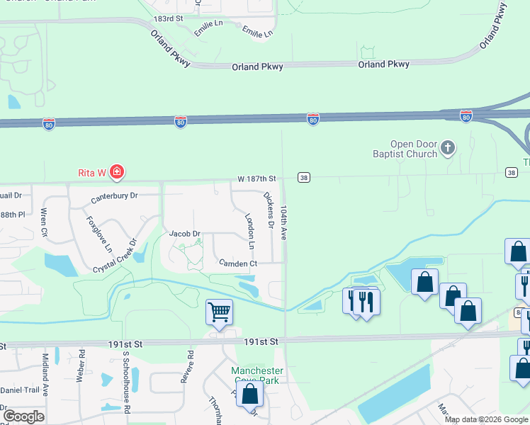 map of restaurants, bars, coffee shops, grocery stores, and more near 18716 Dickens Drive in Mokena