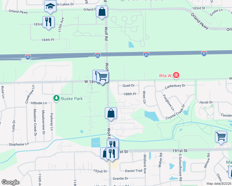 map of restaurants, bars, coffee shops, grocery stores, and more near 18740 Kestrel Avenue in Mokena