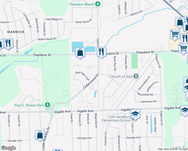 map of restaurants, bars, coffee shops, grocery stores, and more near 1324 Post Oak Court in Crest Hill