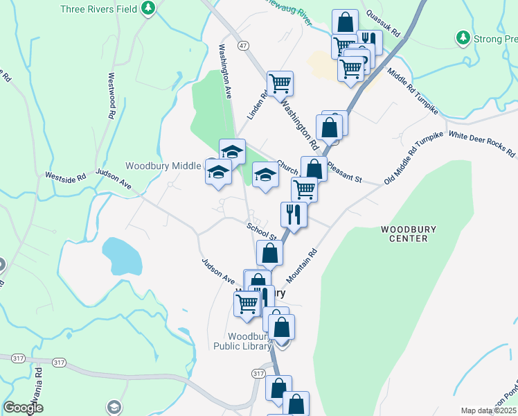 map of restaurants, bars, coffee shops, grocery stores, and more near 14 School Street in Woodbury