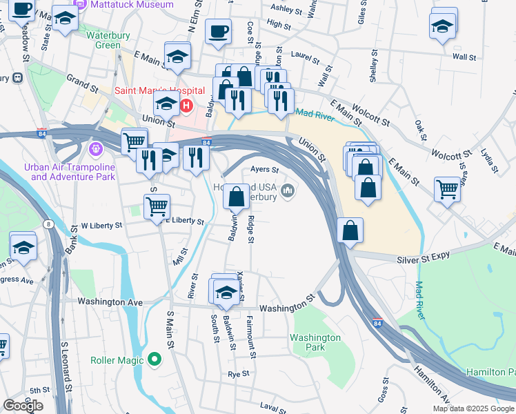 map of restaurants, bars, coffee shops, grocery stores, and more near 10 Carmen Street in Waterbury