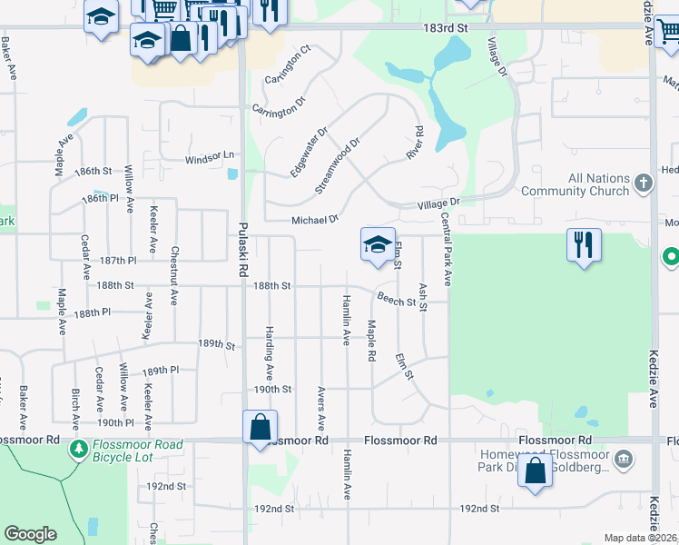 map of restaurants, bars, coffee shops, grocery stores, and more near 18722 Hamlin Avenue in Flossmoor