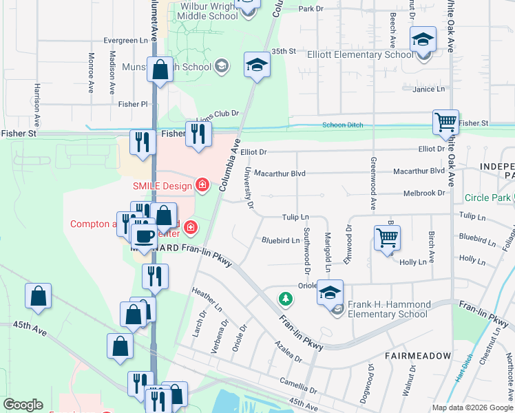 map of restaurants, bars, coffee shops, grocery stores, and more near 9049 University Drive in Munster