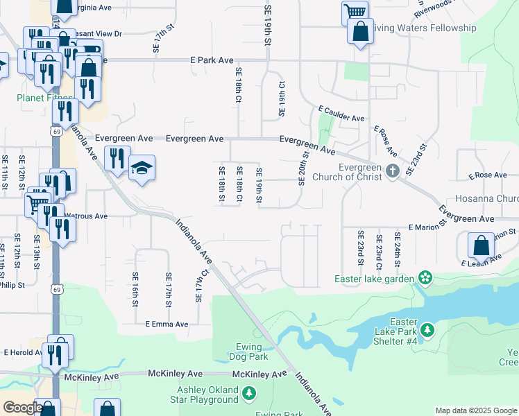 map of restaurants, bars, coffee shops, grocery stores, and more near 1900 East Maish Avenue in Des Moines