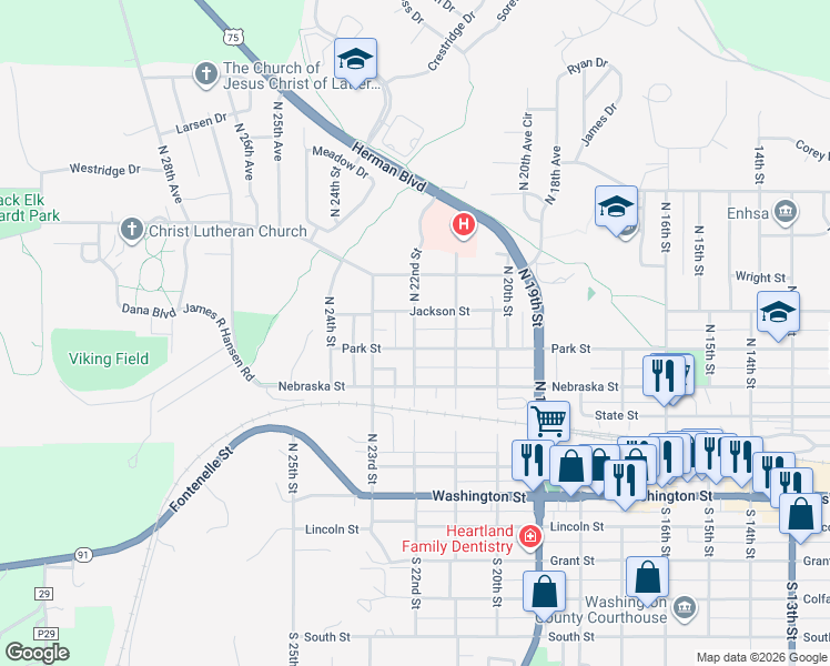 map of restaurants, bars, coffee shops, grocery stores, and more near 540 North 22nd Street in Blair