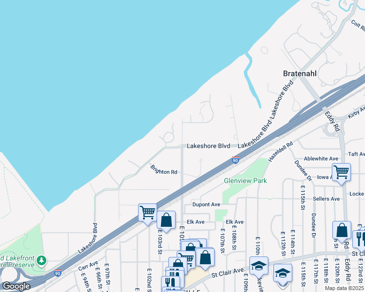 map of restaurants, bars, coffee shops, grocery stores, and more near 193 Bratenahl Road in Bratenahl