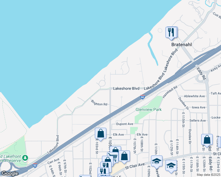 map of restaurants, bars, coffee shops, grocery stores, and more near 193 Bratenahl Road in Bratenahl