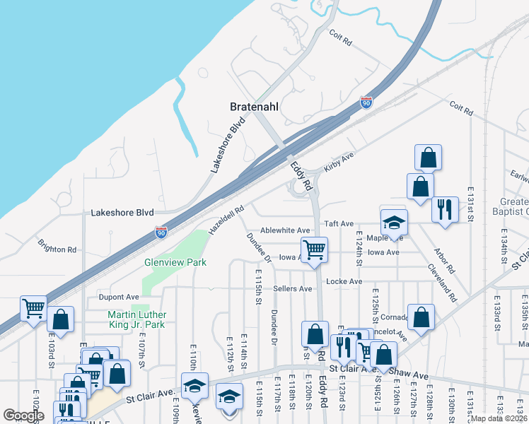 map of restaurants, bars, coffee shops, grocery stores, and more near 11601 Rutland Avenue in Cleveland
