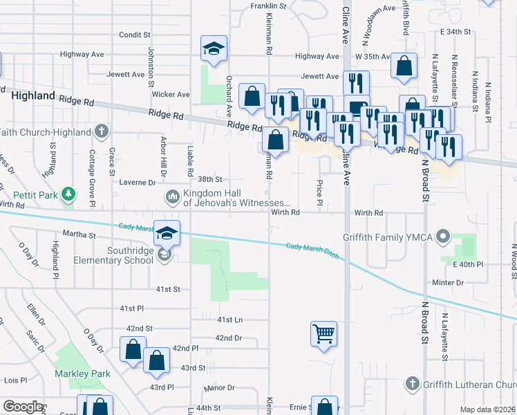 map of restaurants, bars, coffee shops, grocery stores, and more near 3747 Wirth Road in Highland
