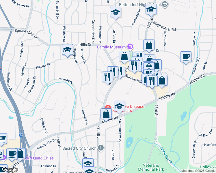 map of restaurants, bars, coffee shops, grocery stores, and more near 2420 18th Street in Bettendorf