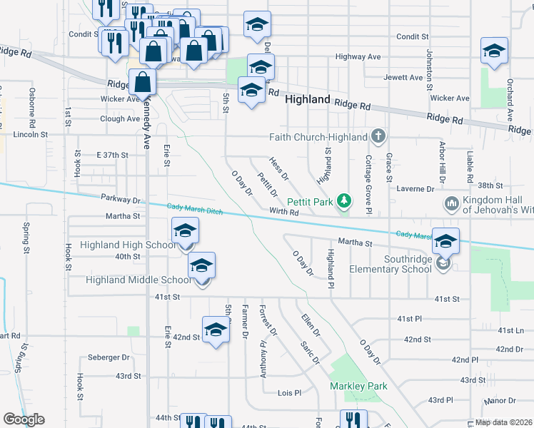 map of restaurants, bars, coffee shops, grocery stores, and more near 3104 Wirth Road in Highland