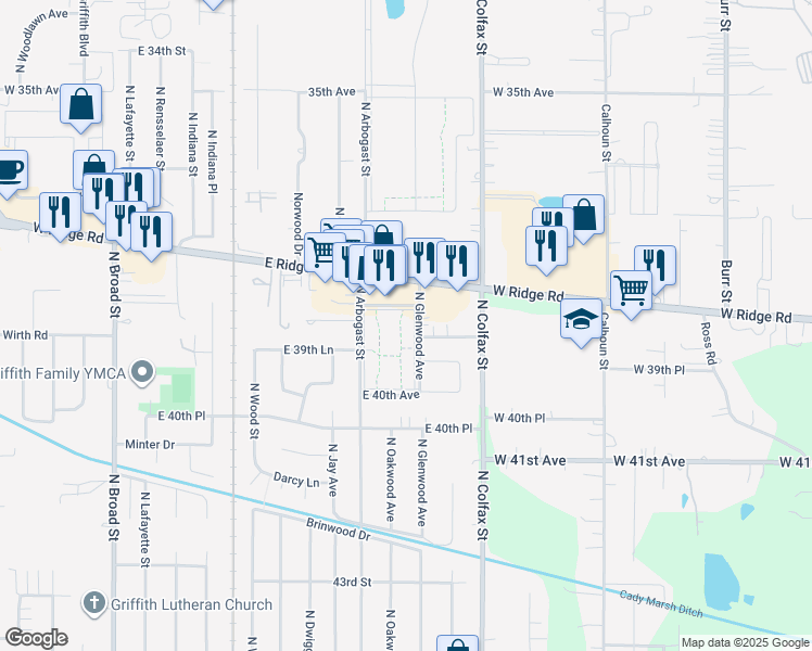 map of restaurants, bars, coffee shops, grocery stores, and more near 1508 North Glenwood Street in Griffith