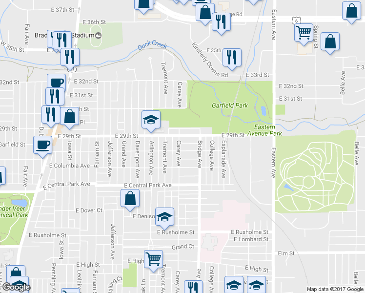 map of restaurants, bars, coffee shops, grocery stores, and more near 1106 East Garfield Street in Davenport