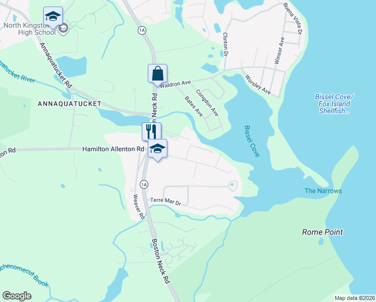 map of restaurants, bars, coffee shops, grocery stores, and more near 13 Martha Road in North Kingstown