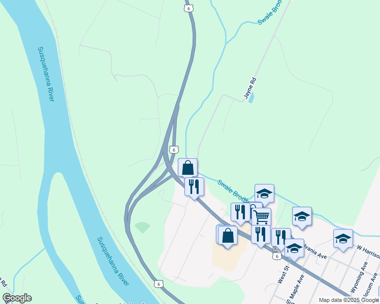 map of restaurants, bars, coffee shops, grocery stores, and more near 11 Jayne Road in Tunkhannock