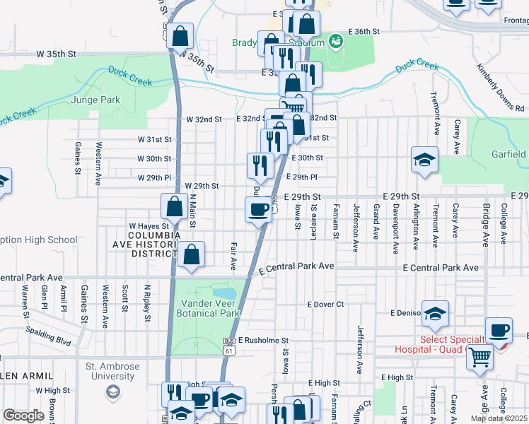 map of restaurants, bars, coffee shops, grocery stores, and more near 2724 Brady Street in Davenport