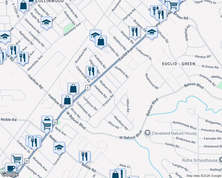 map of restaurants, bars, coffee shops, grocery stores, and more near 1860 Reyburn Road in Cleveland