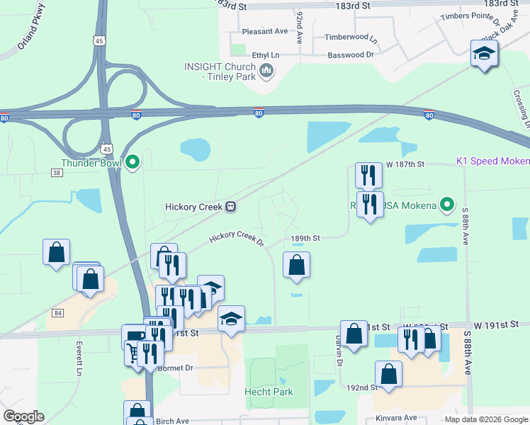 map of restaurants, bars, coffee shops, grocery stores, and more near 18825 South Vanderbilt Drive in Mokena