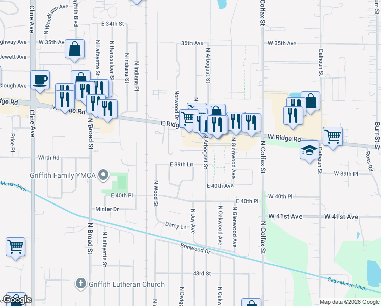map of restaurants, bars, coffee shops, grocery stores, and more near 809 East 38th Place in Griffith
