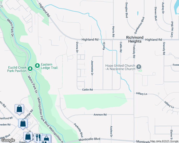map of restaurants, bars, coffee shops, grocery stores, and more near 501 Jeannette Drive in Richmond Heights