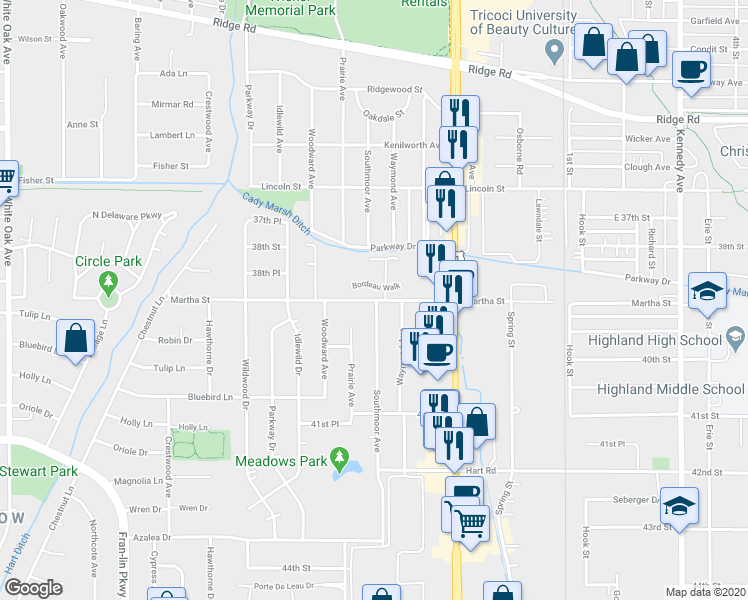 map of restaurants, bars, coffee shops, grocery stores, and more near 2291 Martha Street in Highland