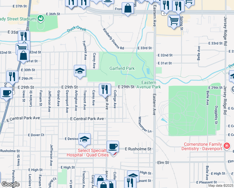 map of restaurants, bars, coffee shops, grocery stores, and more near 2807 College Avenue in Davenport