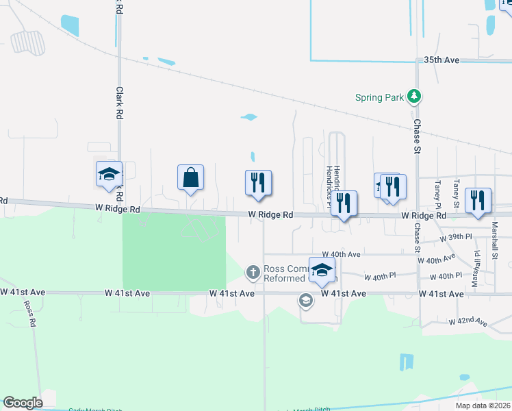 map of restaurants, bars, coffee shops, grocery stores, and more near 3920 West Ridge Road in Gary
