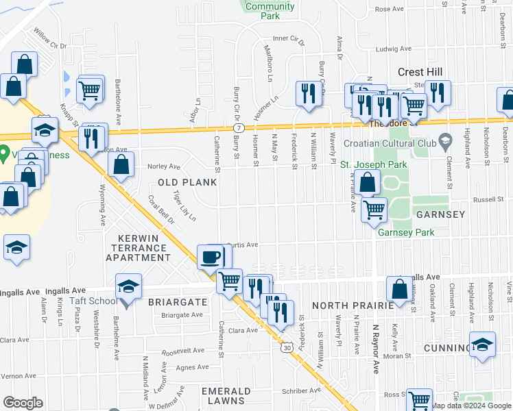 map of restaurants, bars, coffee shops, grocery stores, and more near 1401 Hosmer Street in Joliet
