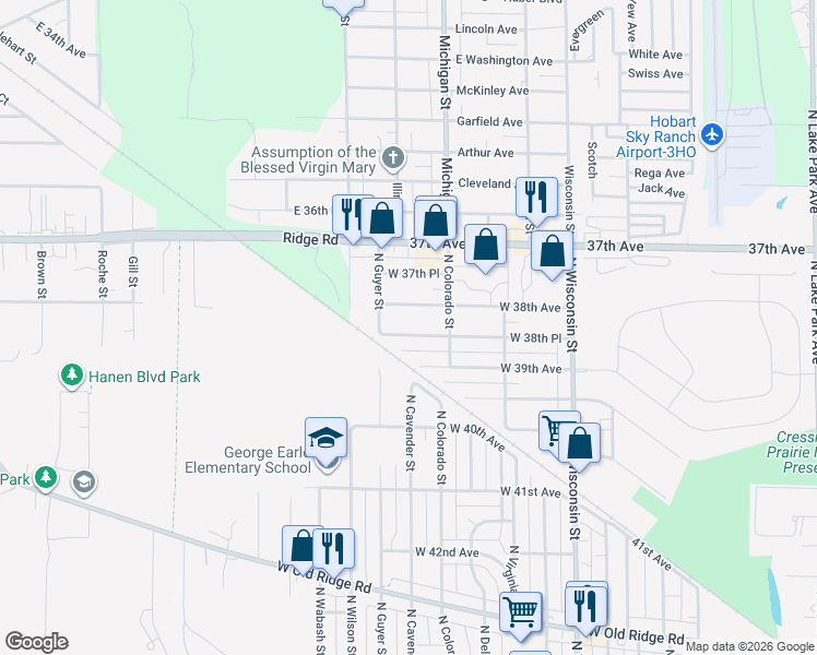 map of restaurants, bars, coffee shops, grocery stores, and more near 1300 W 38th Pl in Hobart