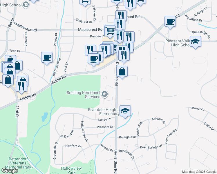map of restaurants, bars, coffee shops, grocery stores, and more near 3210 Holiday Court in Bettendorf