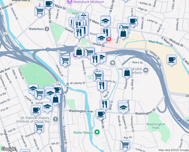 map of restaurants, bars, coffee shops, grocery stores, and more near 15 West Dover Street in Waterbury