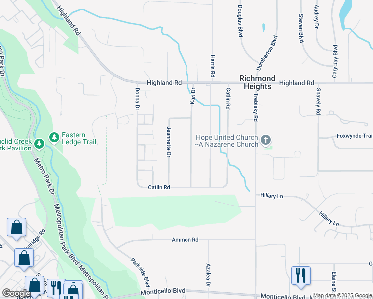 map of restaurants, bars, coffee shops, grocery stores, and more near 502 Karl Drive in Richmond Heights