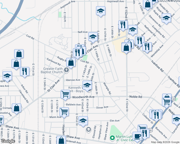 map of restaurants, bars, coffee shops, grocery stores, and more near 1113 East 144th Street in Cleveland