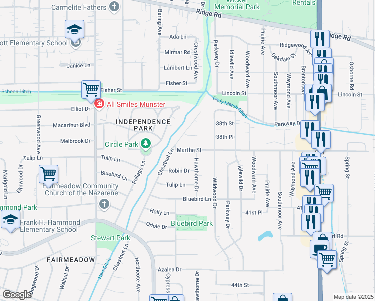 map of restaurants, bars, coffee shops, grocery stores, and more near 1915 Martha Street in Munster