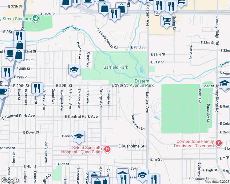 map of restaurants, bars, coffee shops, grocery stores, and more near 2807 College Avenue in Davenport