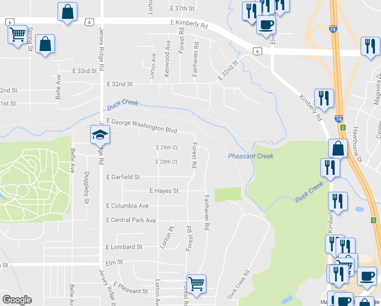 map of restaurants, bars, coffee shops, grocery stores, and more near 2852 Forest Road in Davenport