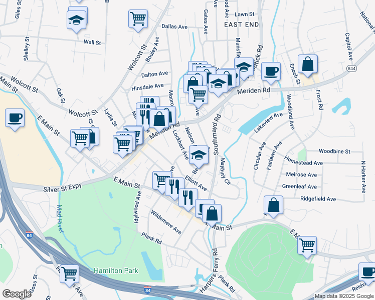 map of restaurants, bars, coffee shops, grocery stores, and more near 167 Edson Avenue in Waterbury