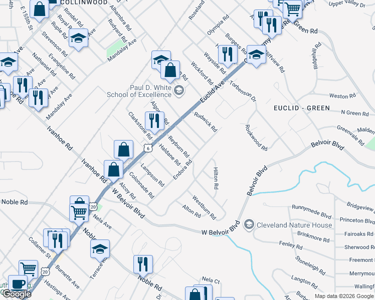 map of restaurants, bars, coffee shops, grocery stores, and more near 1860 Reyburn Road in Cleveland