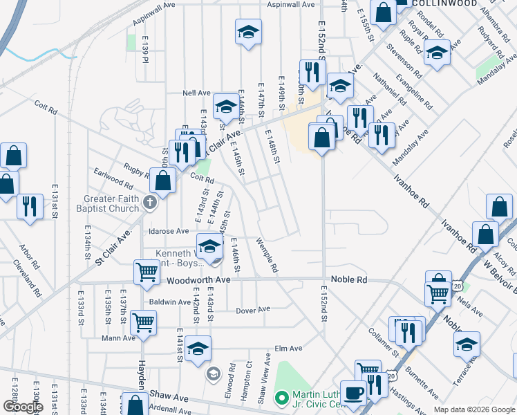 map of restaurants, bars, coffee shops, grocery stores, and more near 1122 East 146th Street in Cleveland