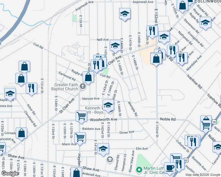 map of restaurants, bars, coffee shops, grocery stores, and more near 1113 East 144th Street in Cleveland